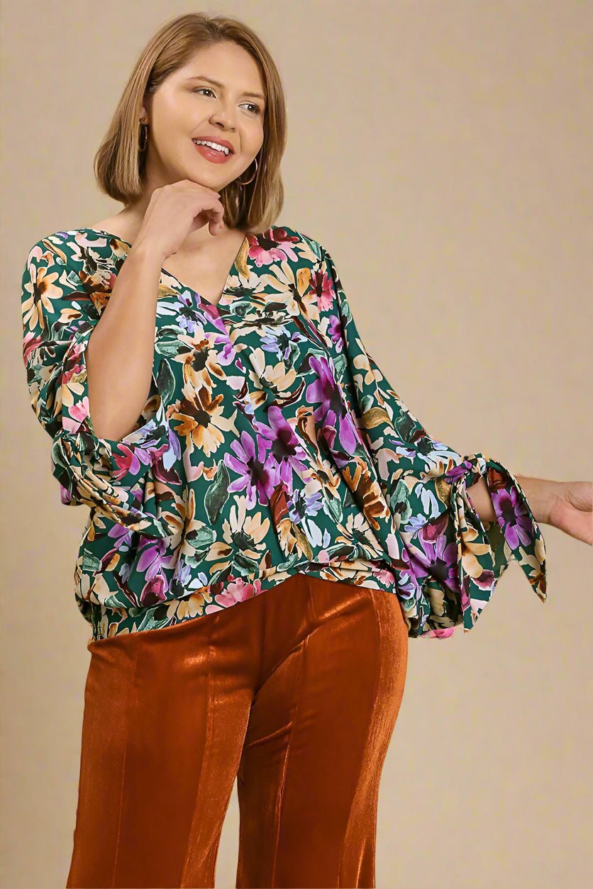 UMGEE - Floral V - Neck Tie Sleeve Blouse in Forest