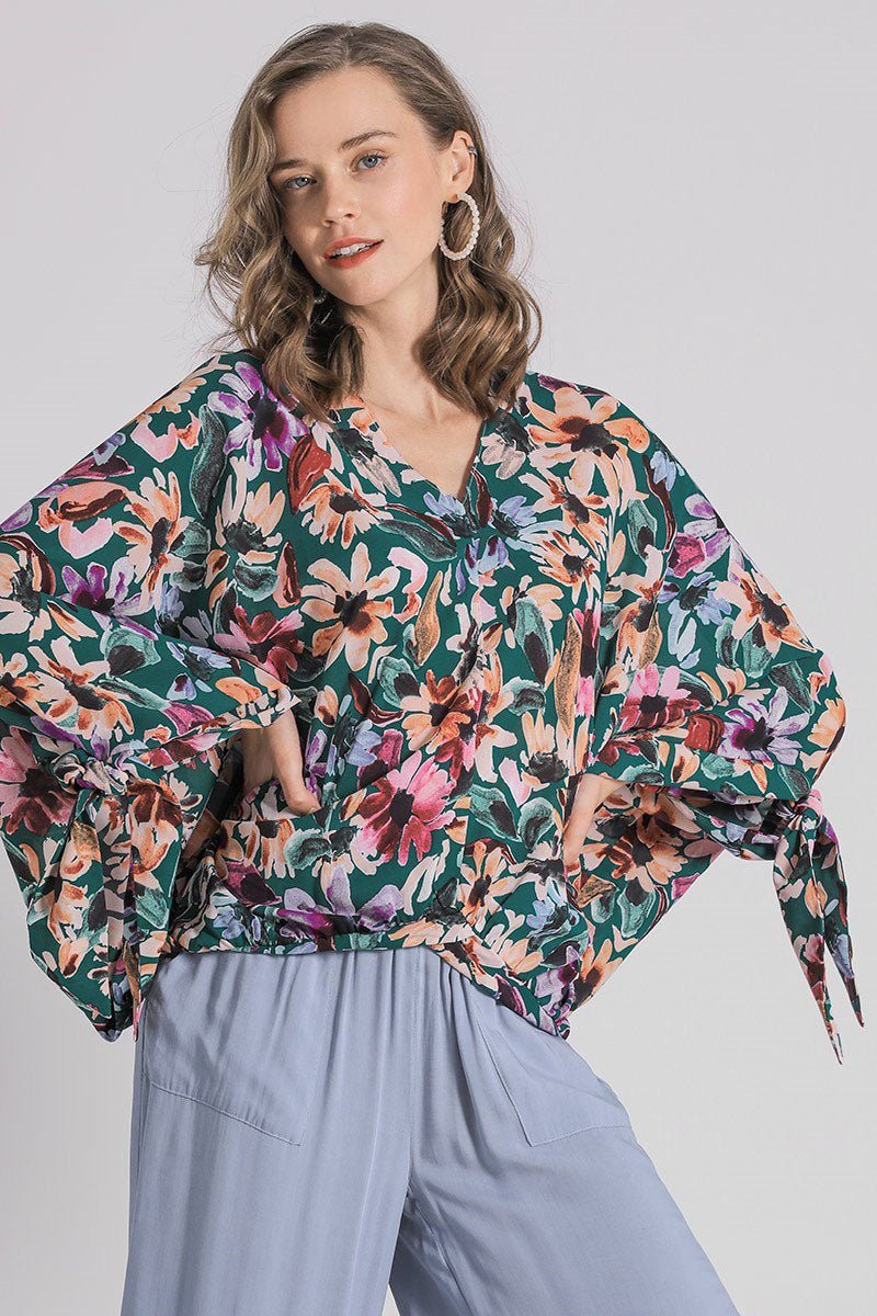 UMGEE - Floral V - Neck Tie Sleeve Blouse in Forest