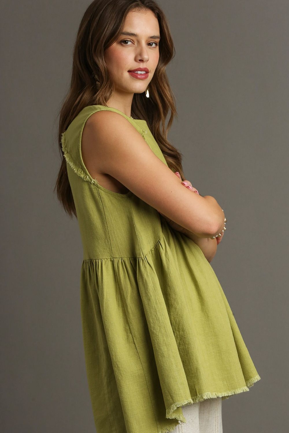 UMGEE - Frayed Babydoll Sleeveless Top in Olive