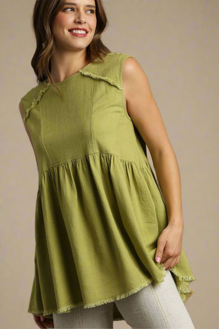 UMGEE - Frayed Babydoll Sleeveless Top in Olive