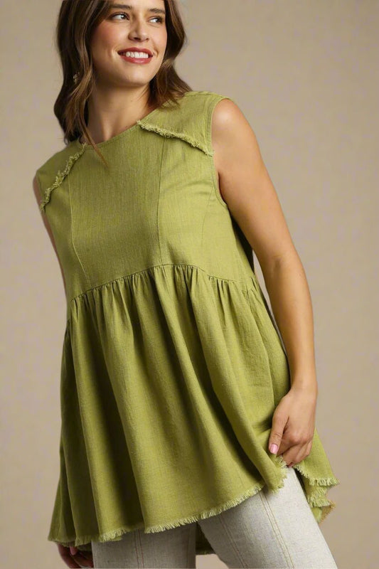 UMGEE - Frayed Babydoll Sleeveless Top in Olive