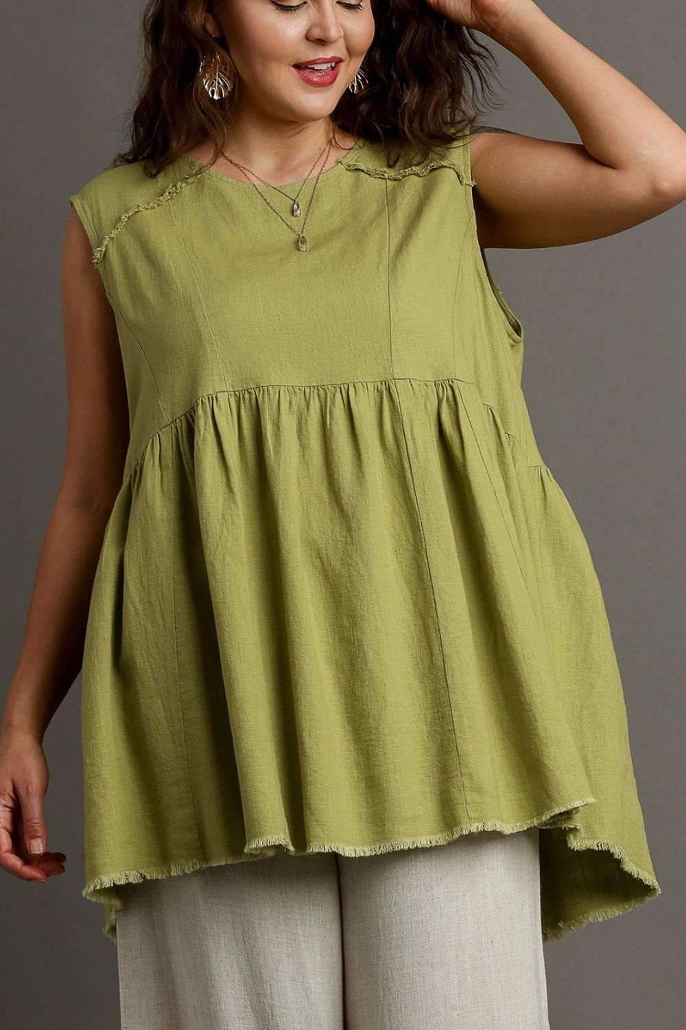 UMGEE - Frayed Babydoll Sleeveless Top in Olive