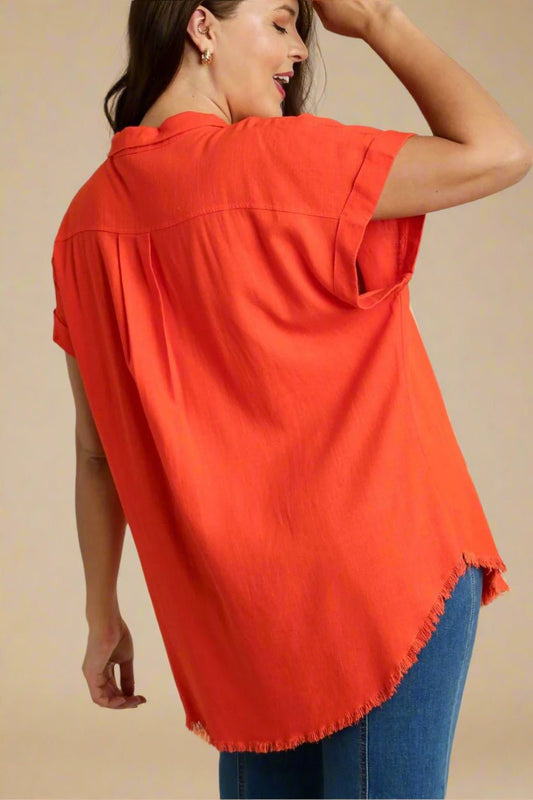 UMGEE - Frayed Edge Button - Up Shirt in Papaya