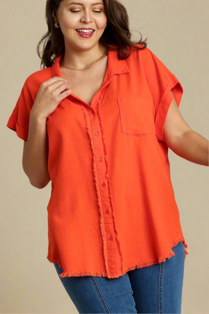 UMGEE - Frayed Edge Button - Up Shirt in Papaya