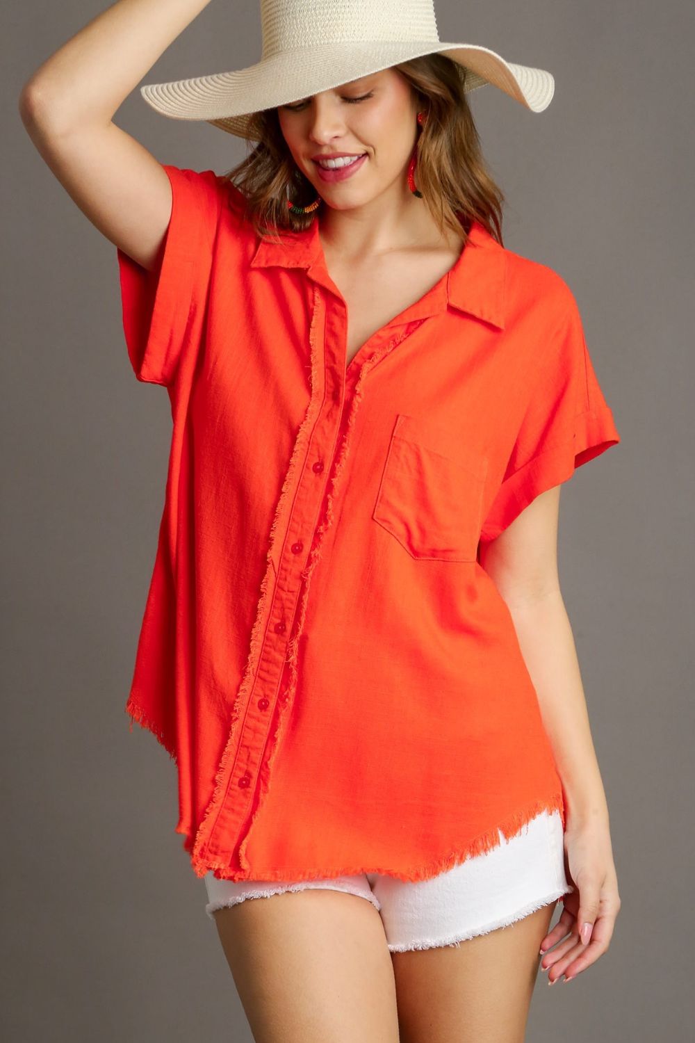 UMGEE - Frayed Edge Button - Up Shirt in Papaya