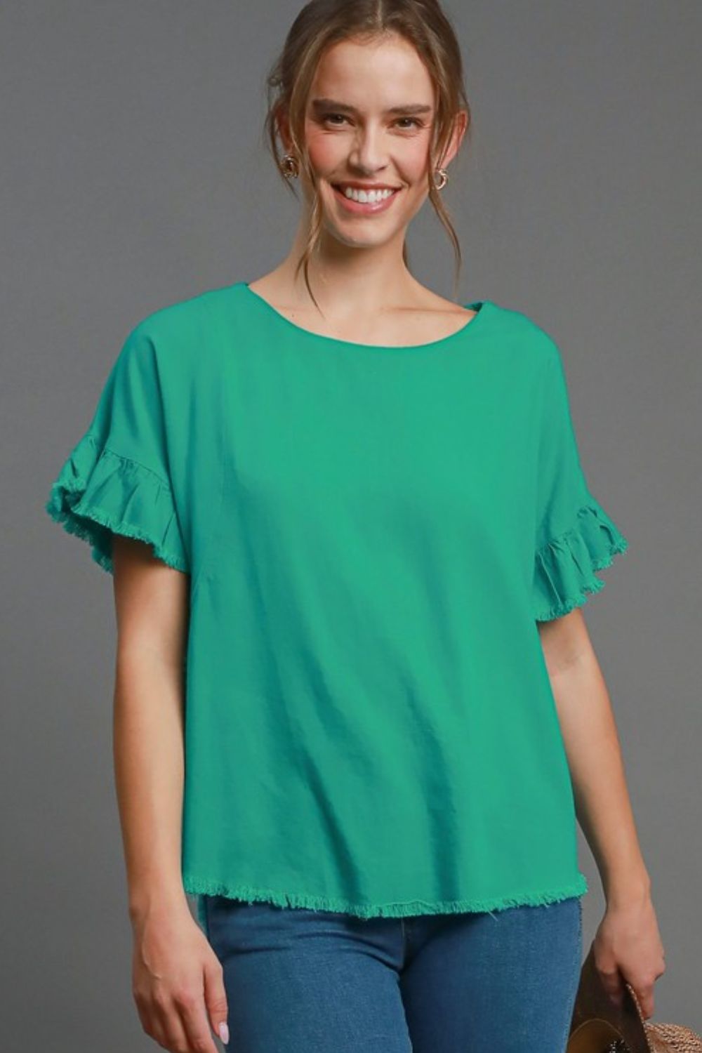 UMGEE - Frayed Edge Ruffle Sleeve Top – Jade Green