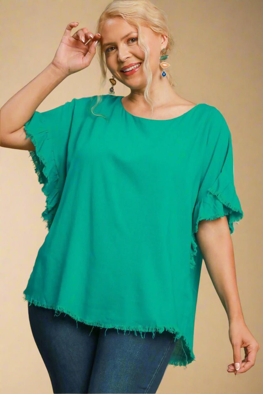 UMGEE - Frayed Edge Ruffle Sleeve Top – Jade Green