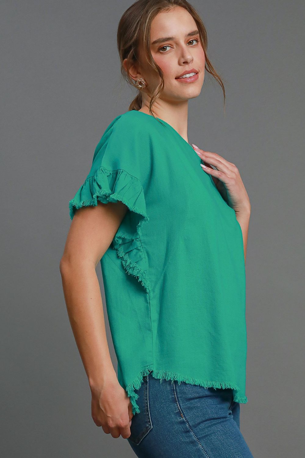 UMGEE - Frayed Edge Ruffle Sleeve Top – Jade Green