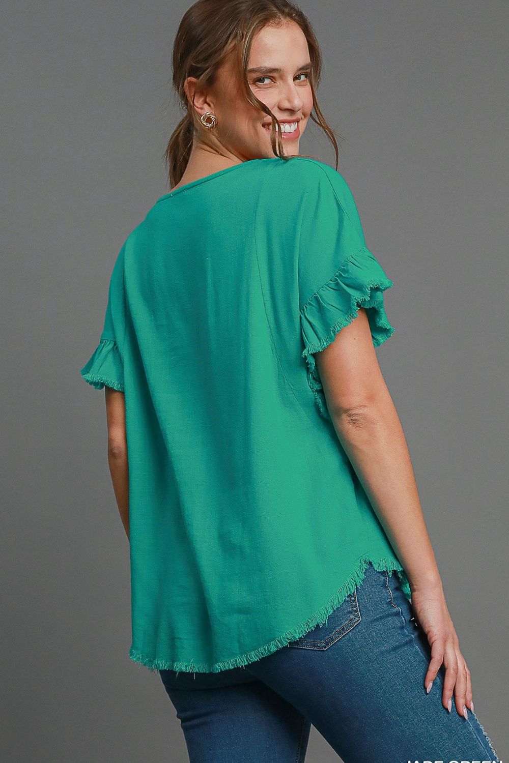 UMGEE - Frayed Edge Ruffle Sleeve Top – Jade Green