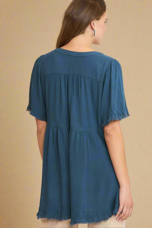 UMGEE - French Blue Raw Hem Babydoll Blouse