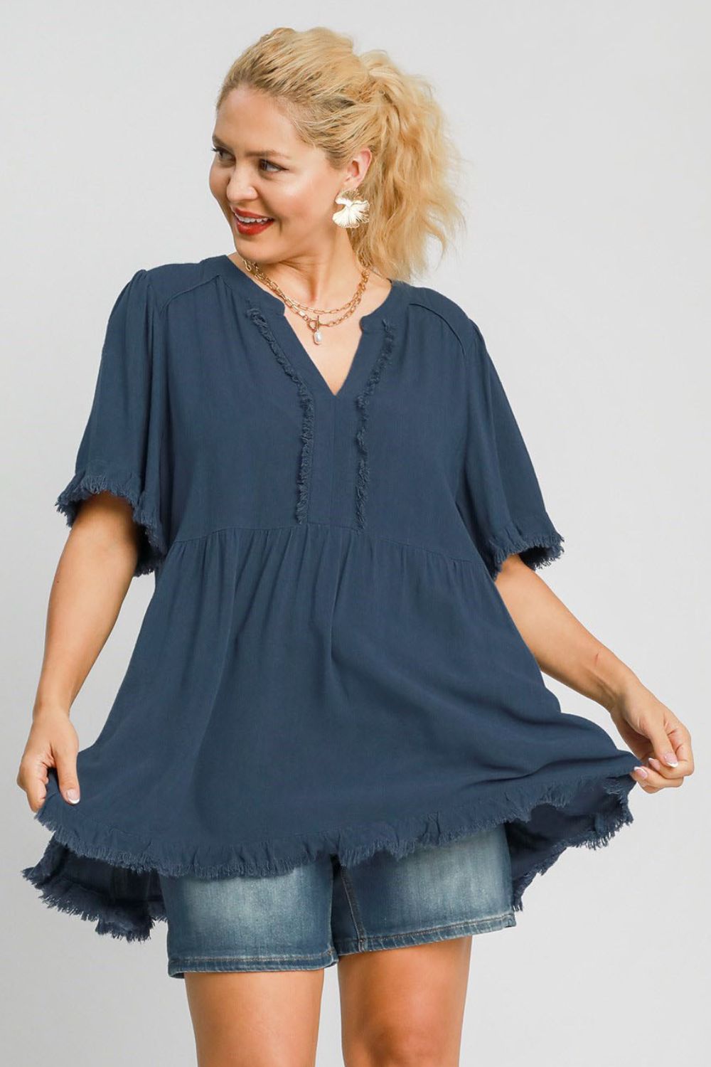 UMGEE - French Blue Raw Hem Babydoll Blouse