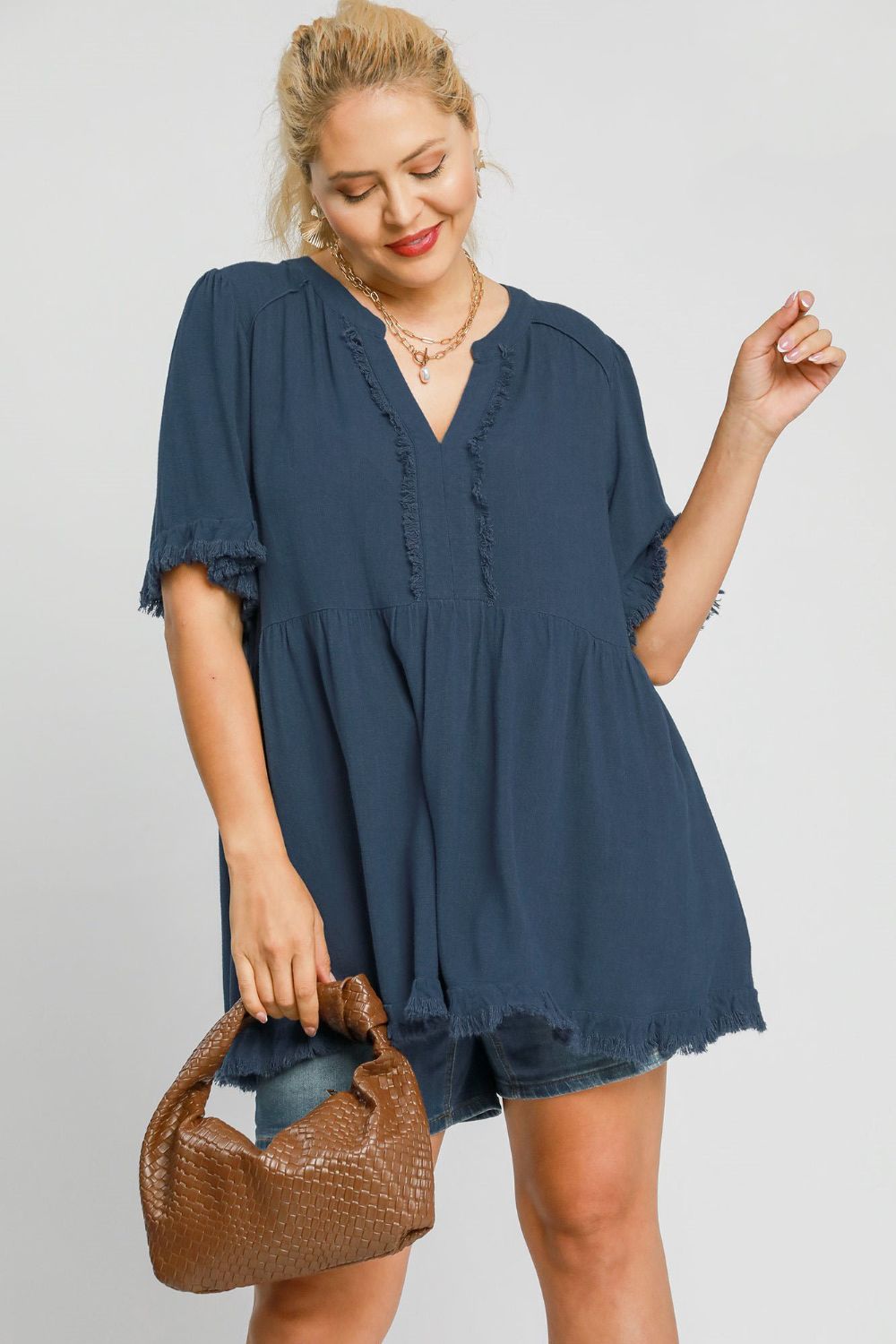 UMGEE - French Blue Raw Hem Babydoll Blouse