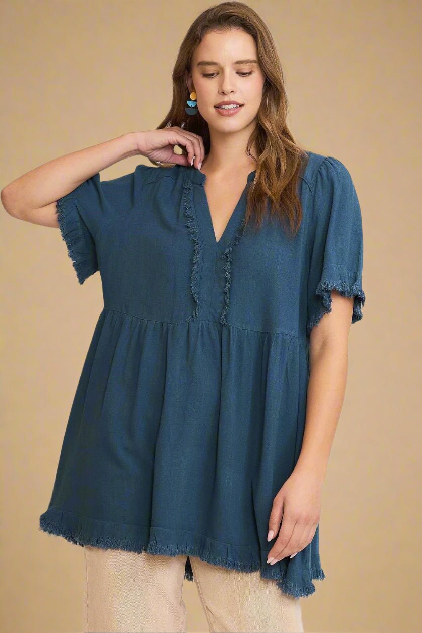 UMGEE - French Blue Raw Hem Babydoll Blouse