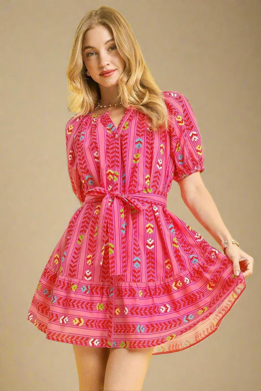 UMGEE - Fuchsia Multicolor Print Belted Mini Dress