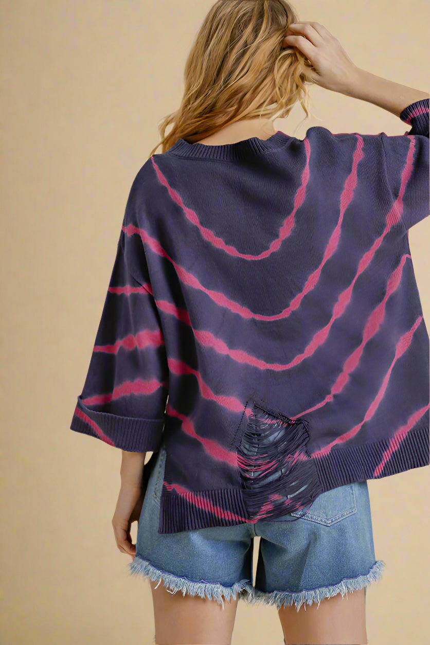 UMGEE - Fuchsia & Navy Tie Dye Distressed Tunic Sweater