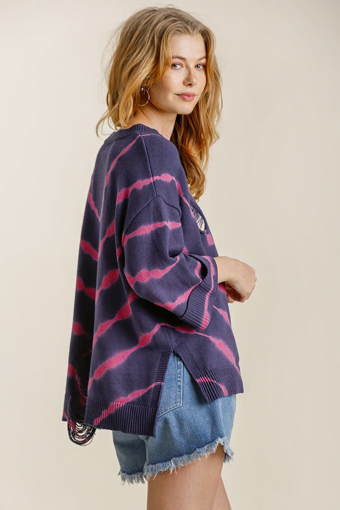 UMGEE - Fuchsia & Navy Tie Dye Distressed Tunic Sweater