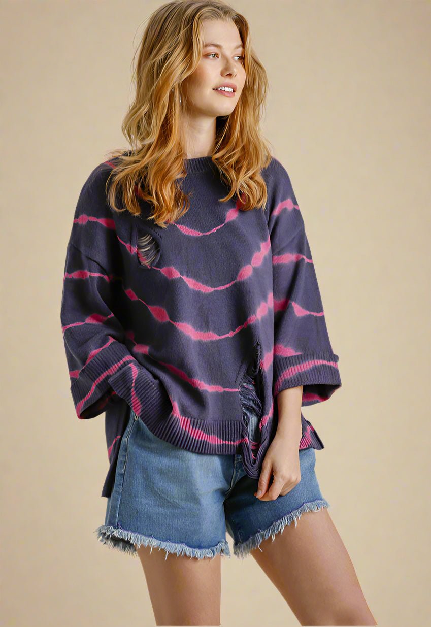 UMGEE - Fuchsia & Navy Tie Dye Distressed Tunic Sweater