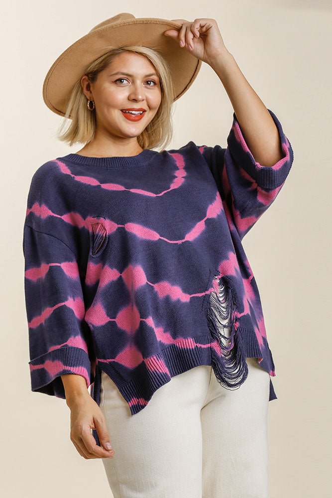 UMGEE - Fuchsia & Navy Tie Dye Distressed Tunic Sweater