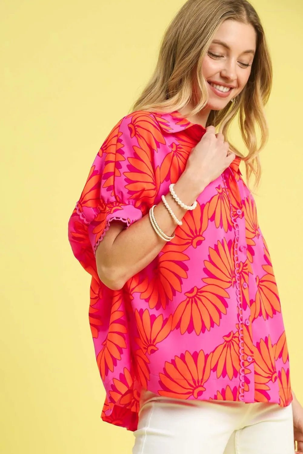 UMGEE - Fuchsia & Orange Floral Button Down Blouse