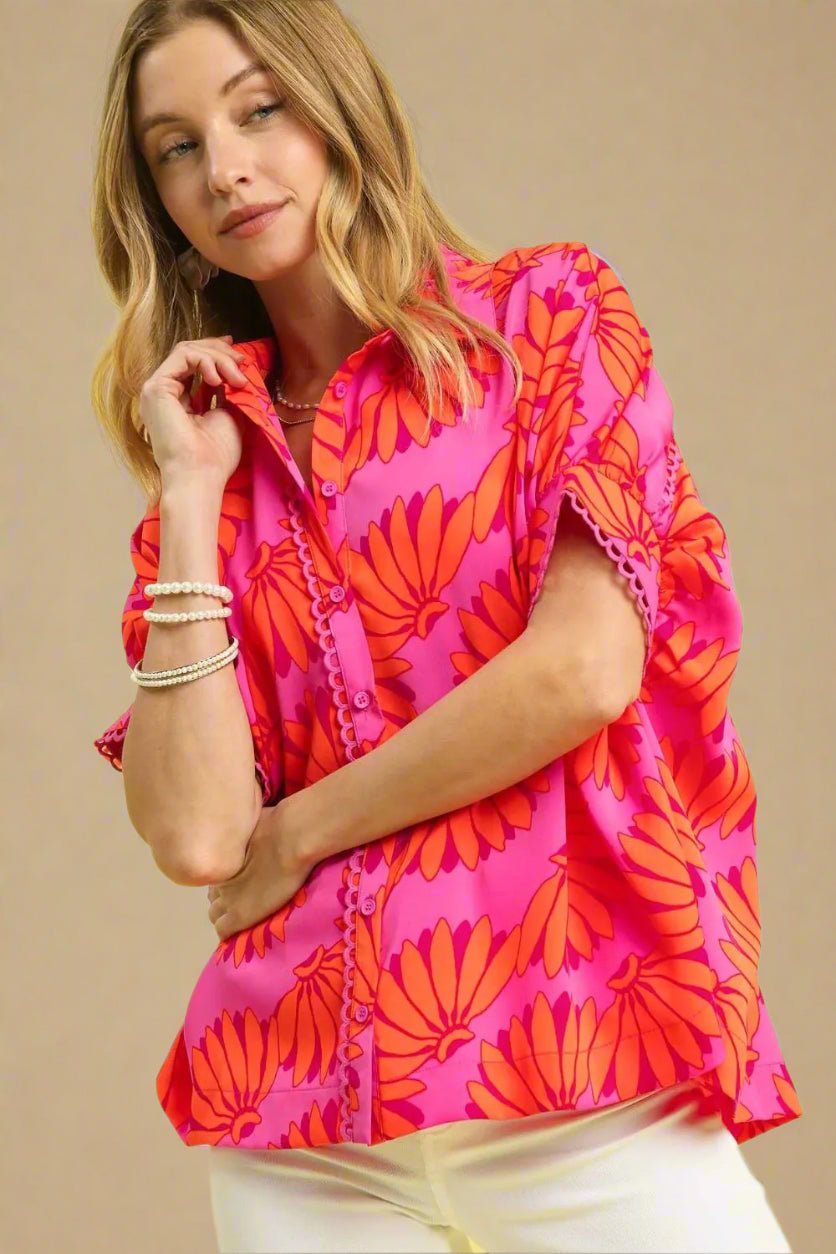 UMGEE - Fuchsia & Orange Floral Button Down Blouse