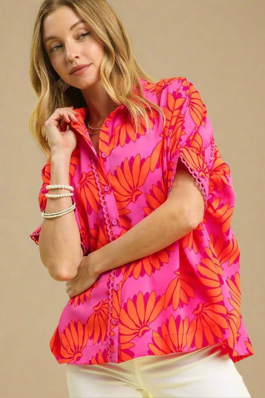 UMGEE - Fuchsia & Orange Floral Button Down Blouse