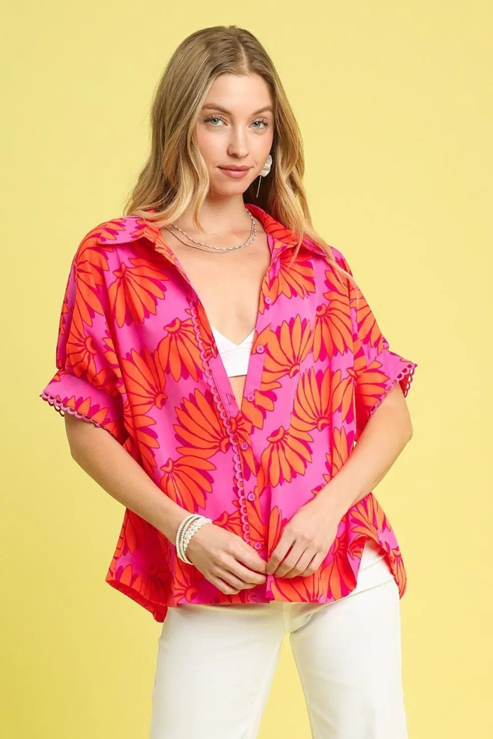 UMGEE - Fuchsia & Orange Floral Button Down Blouse