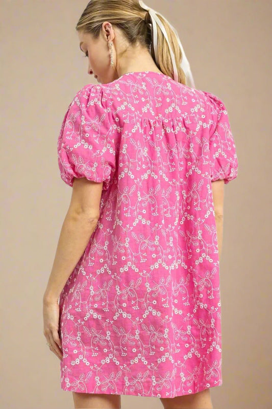 UMGEE - Fuchsia Pink Puff Sleeve Embroidered Mini Dress