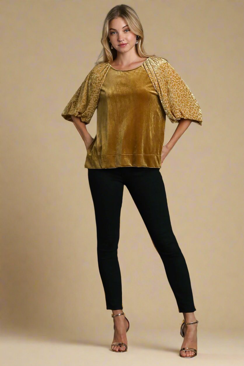 UMGEE - Gold Leopard Burnout Balloon Sleeve Velvet Top