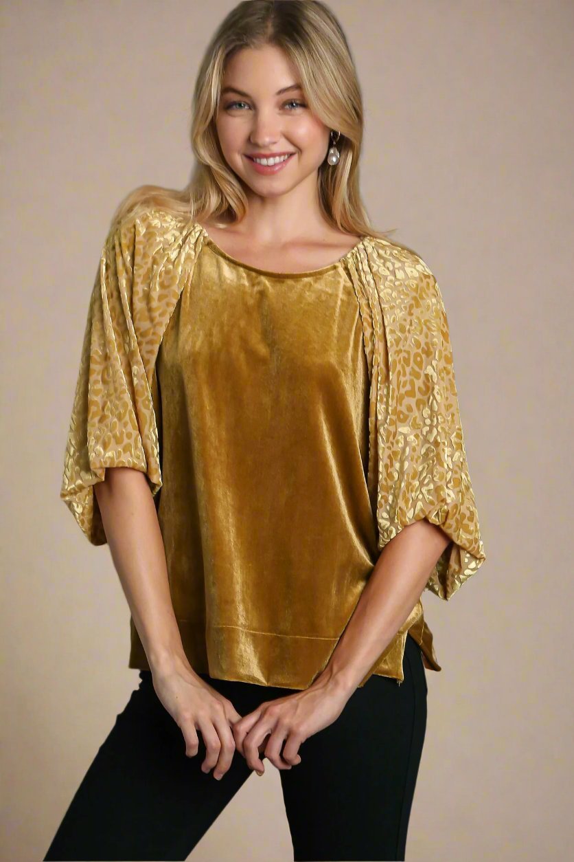 UMGEE - Gold Leopard Burnout Balloon Sleeve Velvet Top