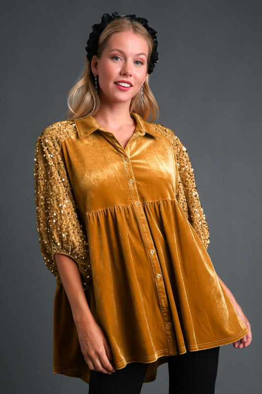 UMGEE - Gold Sequin Detail Half Sleeve Velvet Top