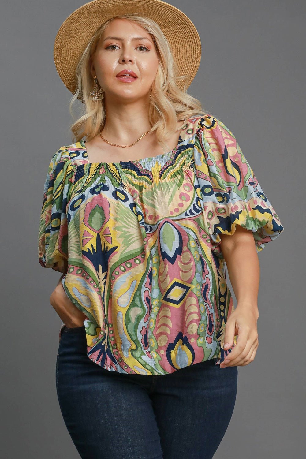 UMGEE - Green Abstract Print Smocked Puff Sleeve Blouse