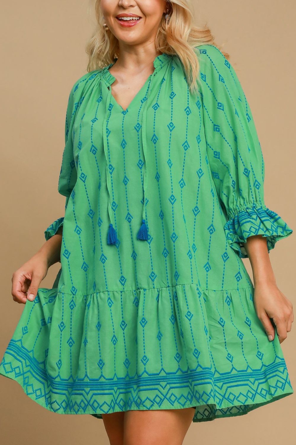 UMGEE - Green Boho Embroidered Tassel Mini Dress