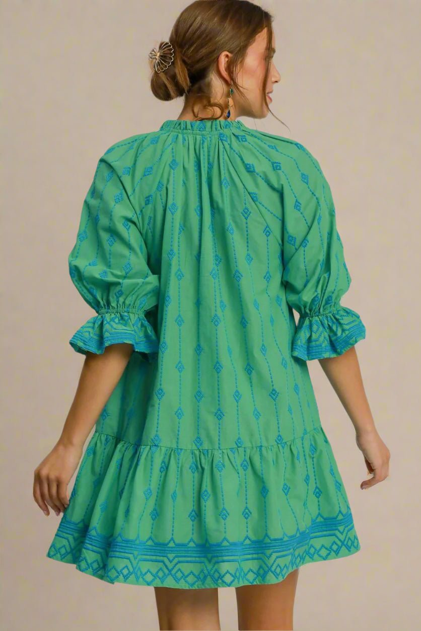 UMGEE - Green Boho Embroidered Tassel Mini Dress