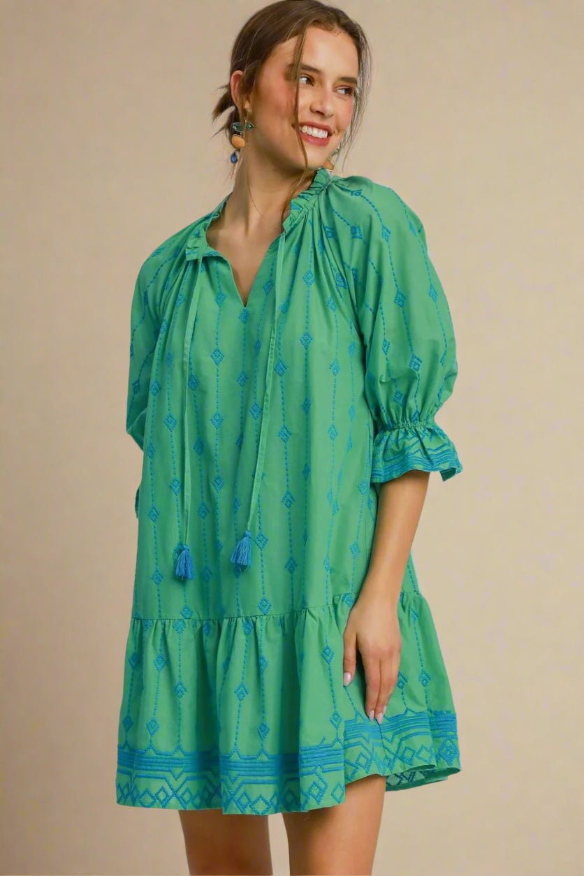 UMGEE - Green Boho Embroidered Tassel Mini Dress
