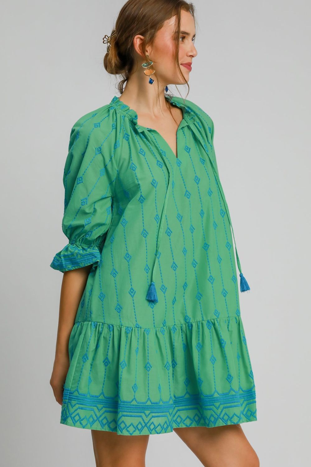UMGEE - Green Boho Embroidered Tassel Mini Dress