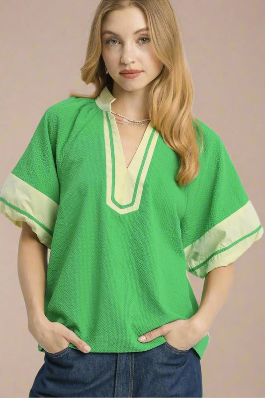 UMGEE - Green & Cream Contrast Trim Short Sleeve Blouse