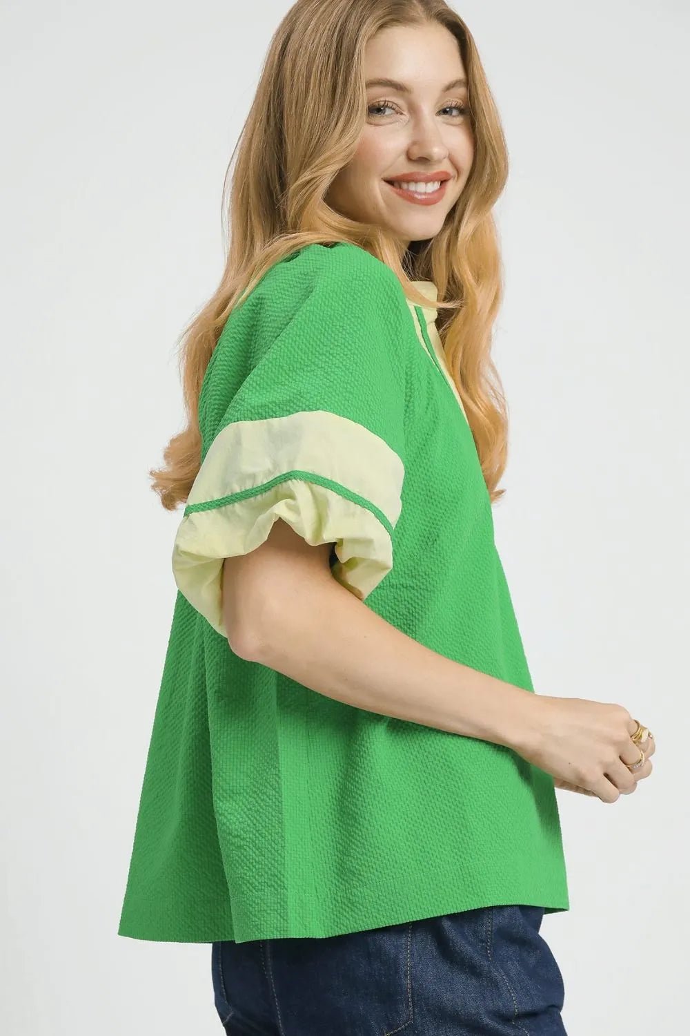 UMGEE - Green & Cream Contrast Trim Short Sleeve Blouse