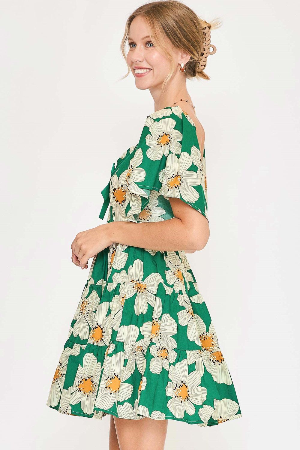 UMGEE - Green Daisy Mini Dress with Sweetheart Neckline and Bow Detail