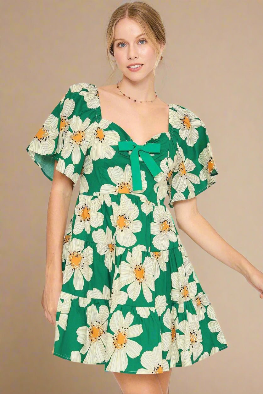 UMGEE - Green Daisy Mini Dress with Sweetheart Neckline and Bow Detail