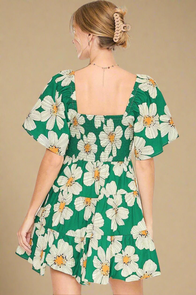 UMGEE - Green Daisy Mini Dress with Sweetheart Neckline and Bow Detail
