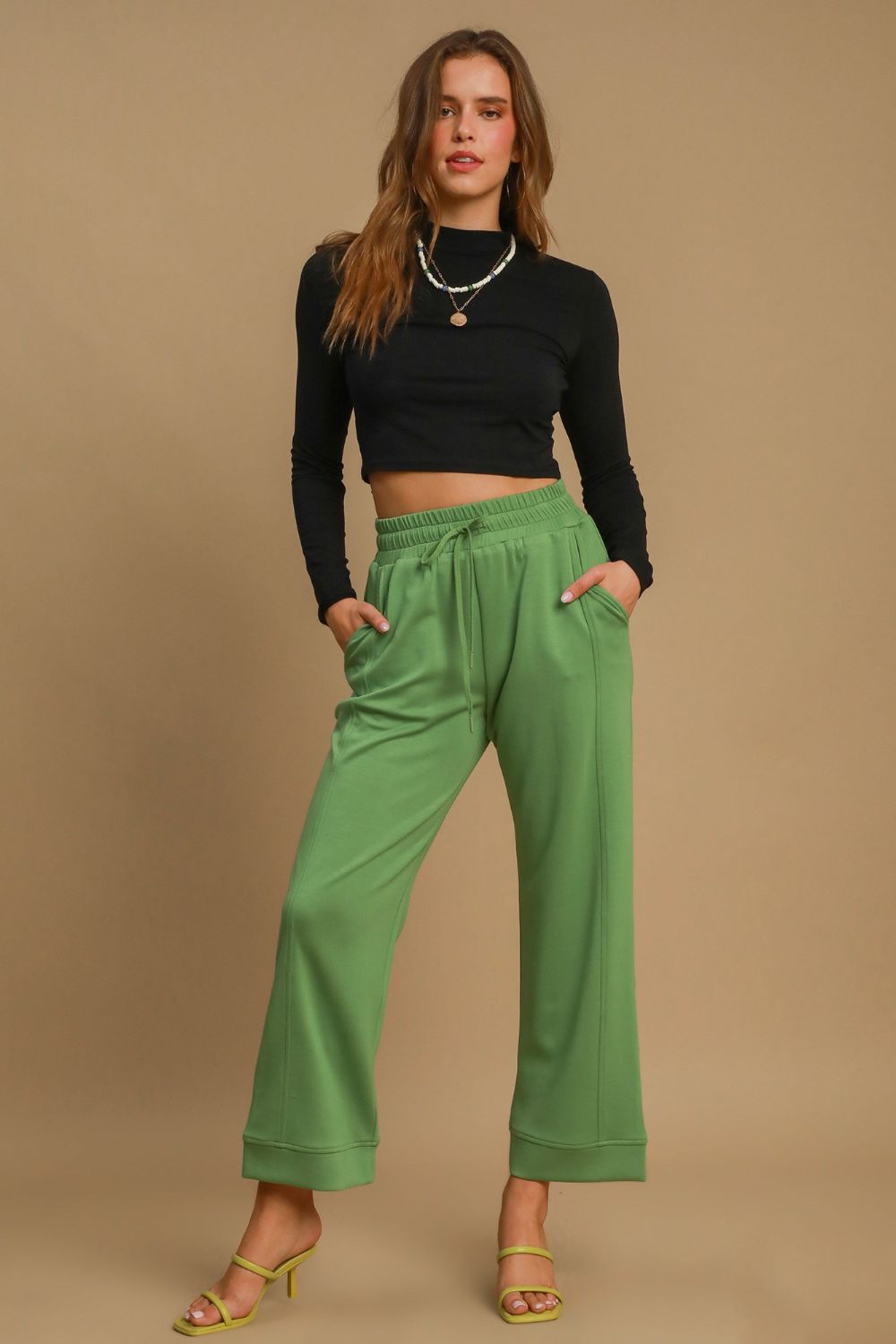 UMGEE - Green Drawstring Waist Wide Leg Athleisure Pants