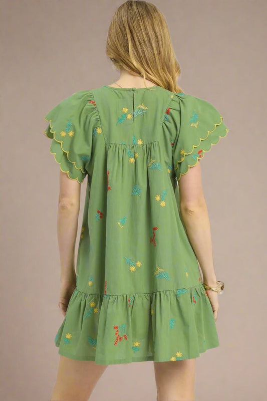 UMGEE - Green Embroidered Short Sleeve Ruffle Hem Mini Dress