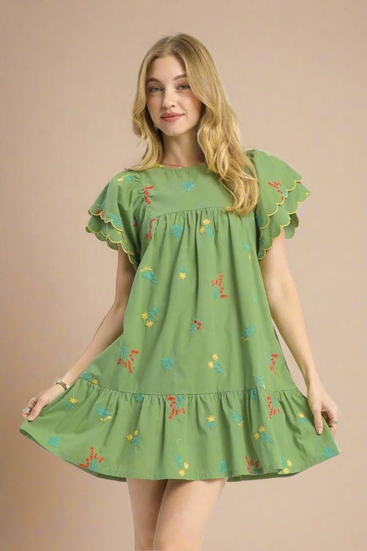 UMGEE - Green Embroidered Short Sleeve Ruffle Hem Mini Dress