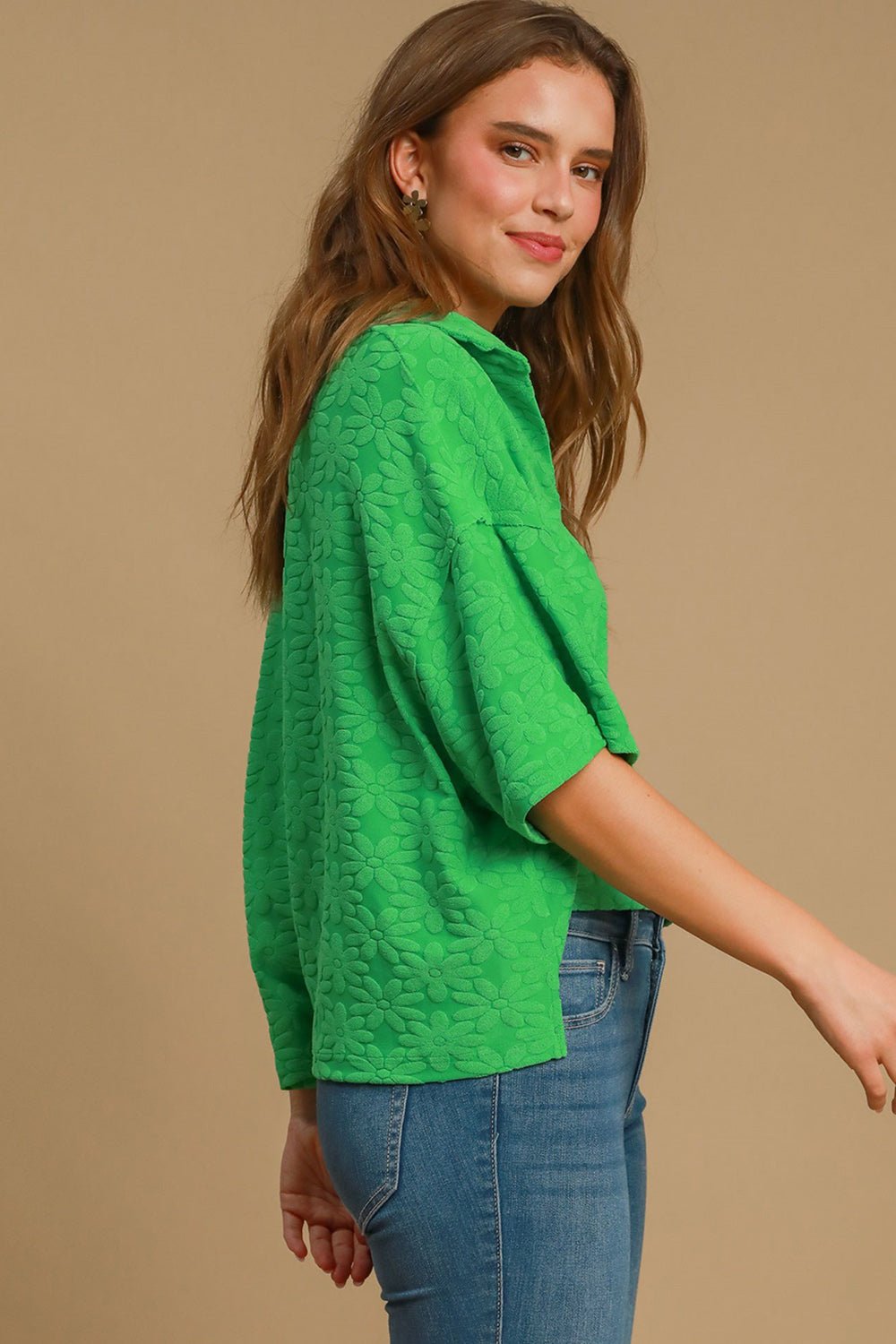 UMGEE - Green Floral Jacquard Half Sleeve Top