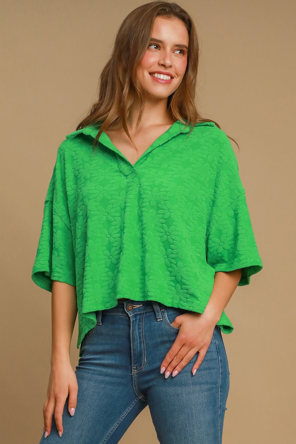 UMGEE - Green Floral Jacquard Half Sleeve Top