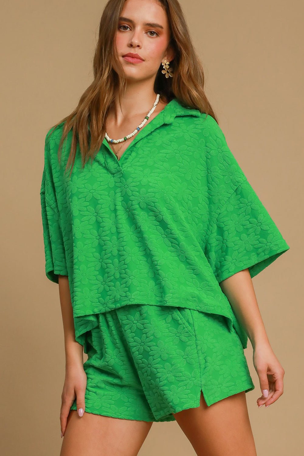 UMGEE - Green Floral Jacquard Half Sleeve Top