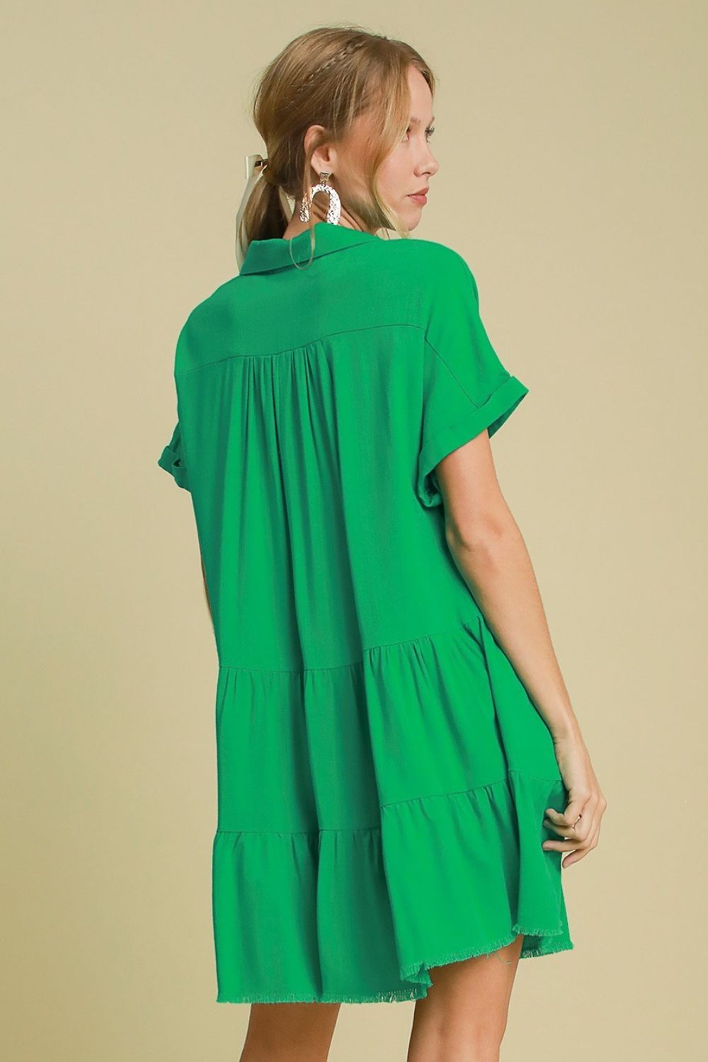 UMGEE - Green Frayed Hem Collared Tiered Mini Dress