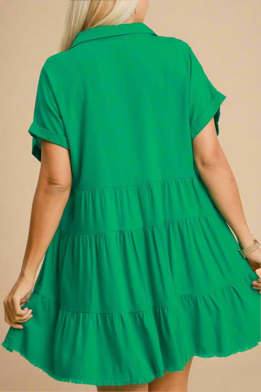 UMGEE - Green Frayed Hem Collared Tiered Mini Dress