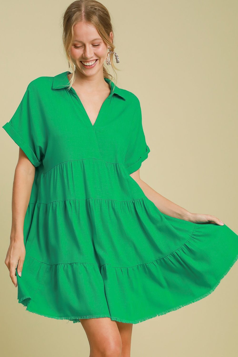 UMGEE - Green Frayed Hem Collared Tiered Mini Dress