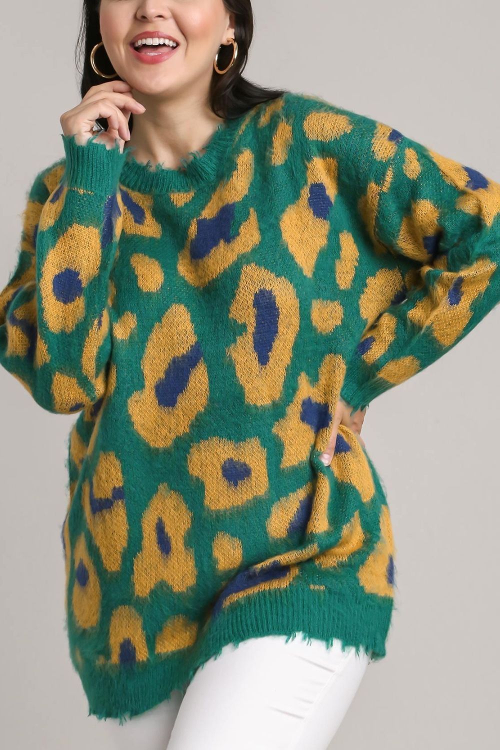 UMGEE - Green & Gold Fuzzy Leopard Print Sweater